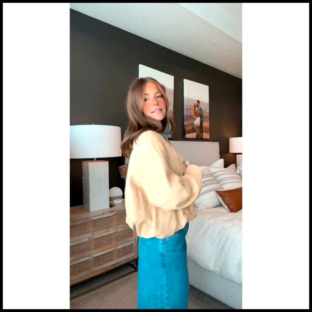 Oversized Faux Suede Bomber Jacket Gathered Hem Short Length Button Closure - Picture 6 of 7